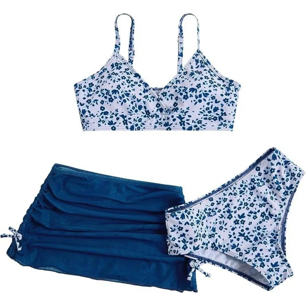 Girls 3 Piece Floral Swimsuit Set Blue White Bikini with Mesh Skirt Size 10Y